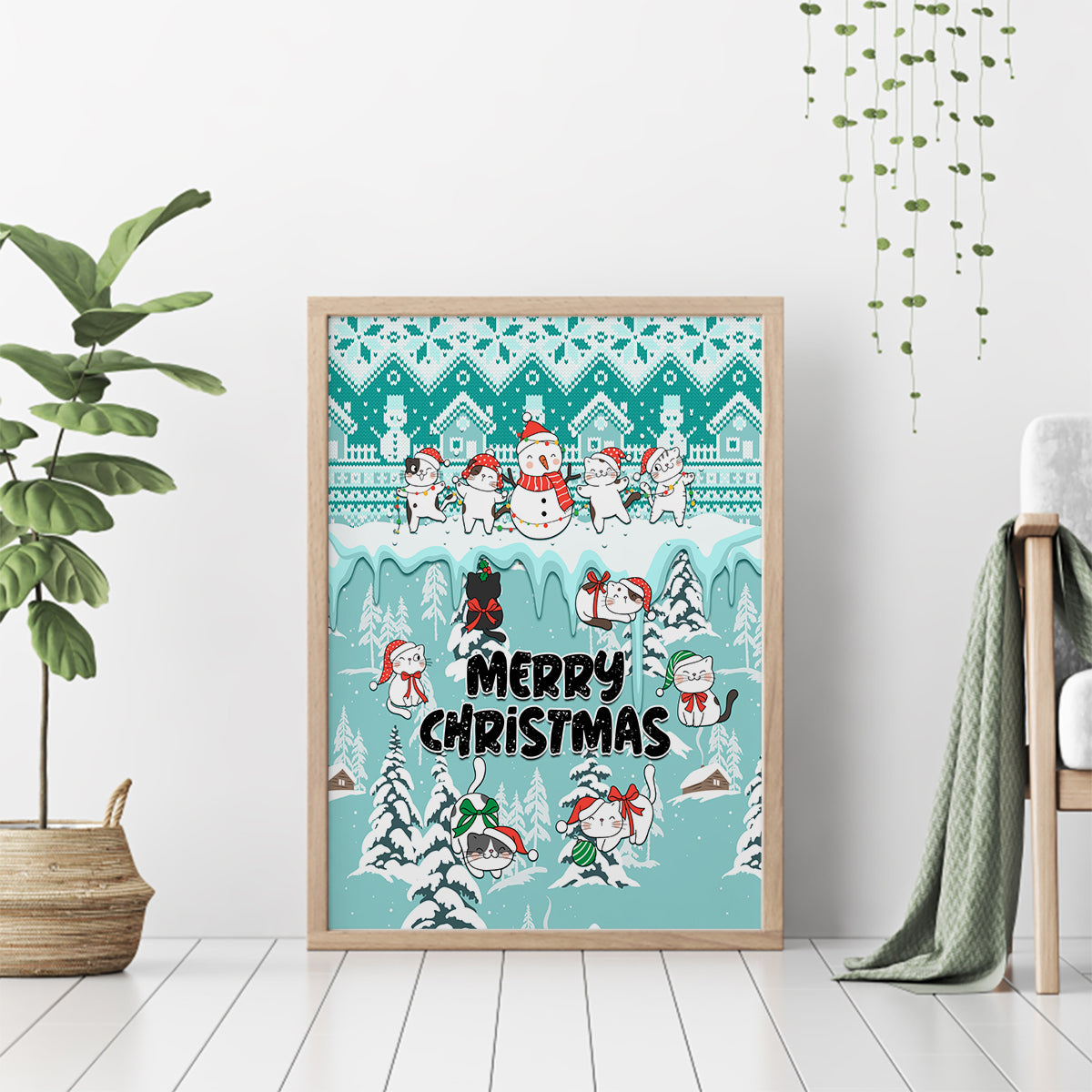 Custom Cat Christmas Canvas Wall Art Cat With Snowman In Winter Scene - Wonder Print Shop