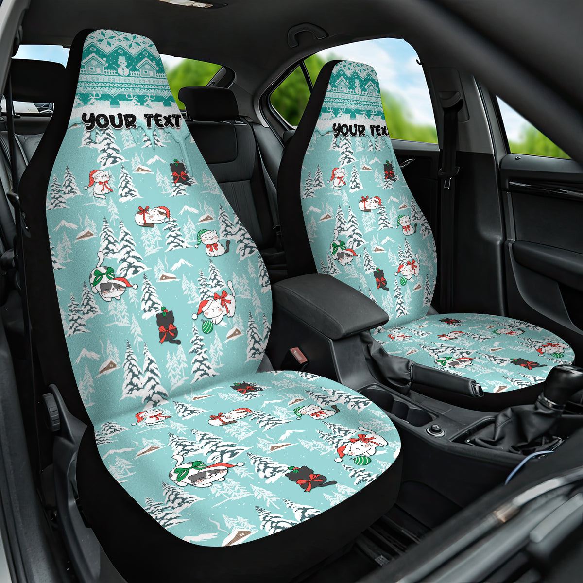 Custom Cat Christmas Car Seat Cover Cat With Snowman In Winter Scene - Wonder Print Shop