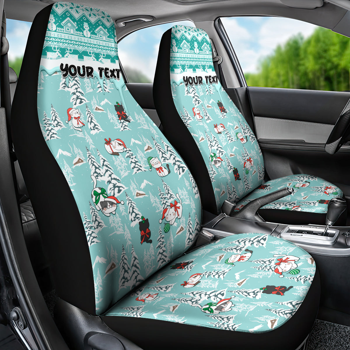 Custom Cat Christmas Car Seat Cover Cat With Snowman In Winter Scene - Wonder Print Shop