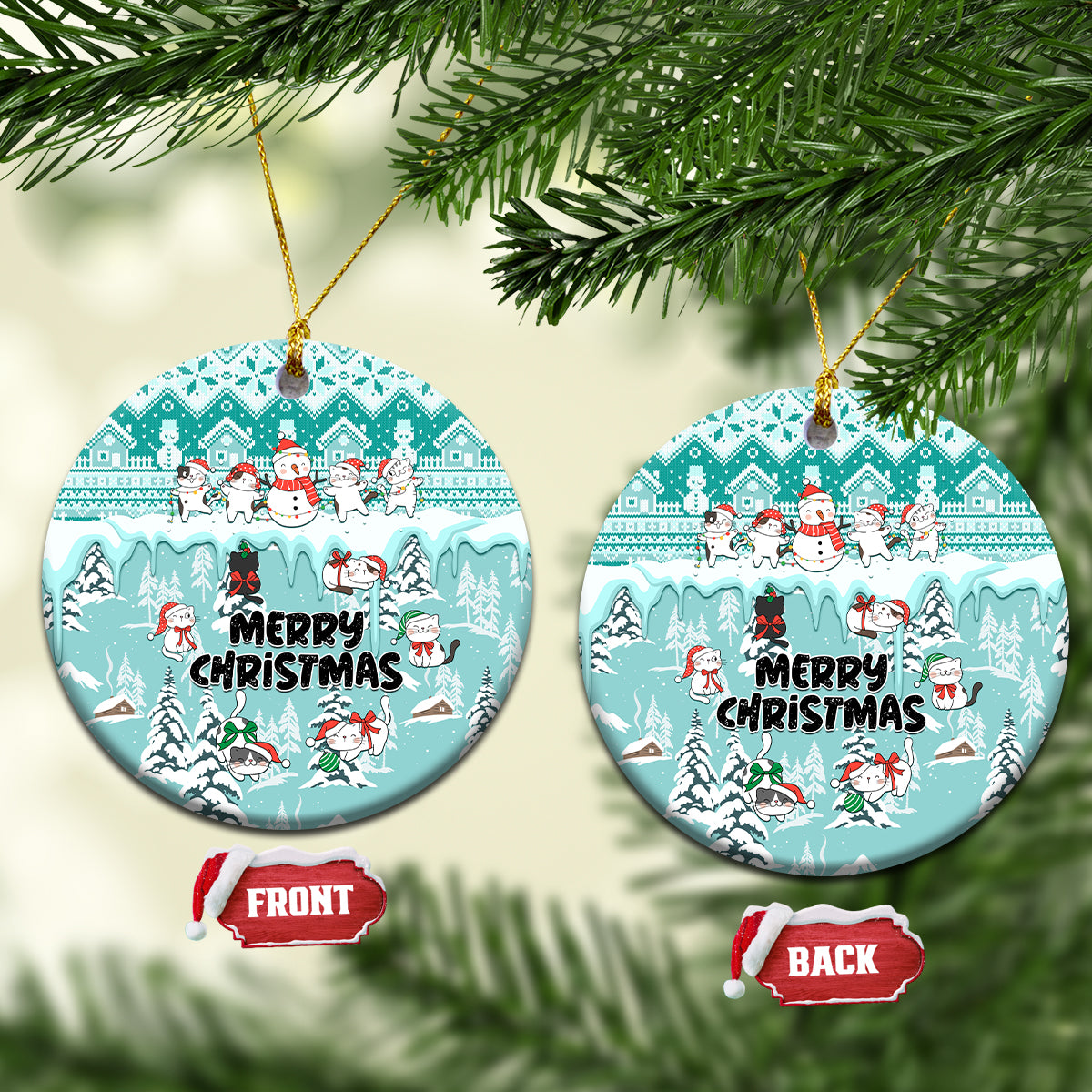 Cat Christmas Ceramic Ornament Cat With Snowman In Winter Scene - Wonder Print Shop