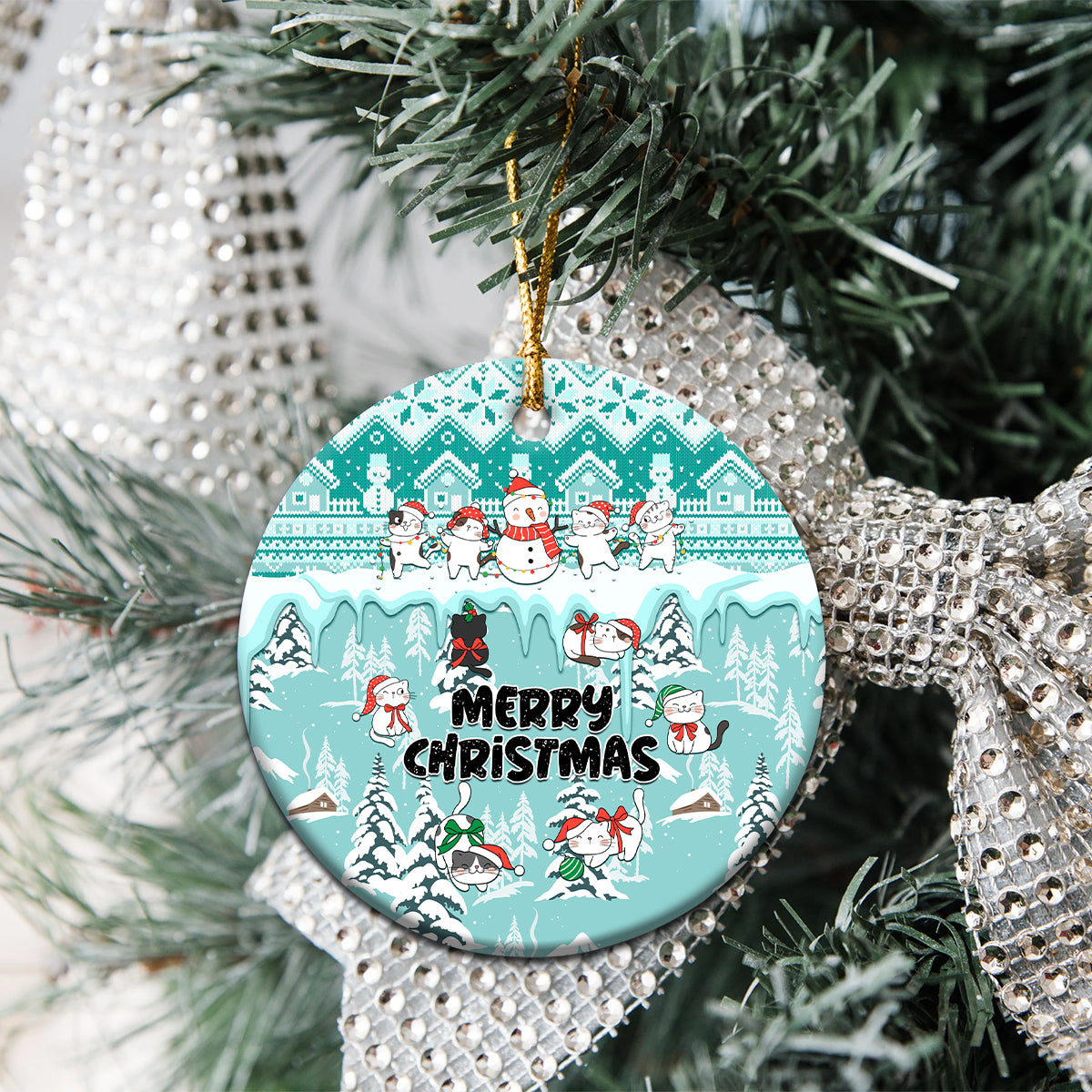 Cat Christmas Ceramic Ornament Cat With Snowman In Winter Scene - Wonder Print Shop