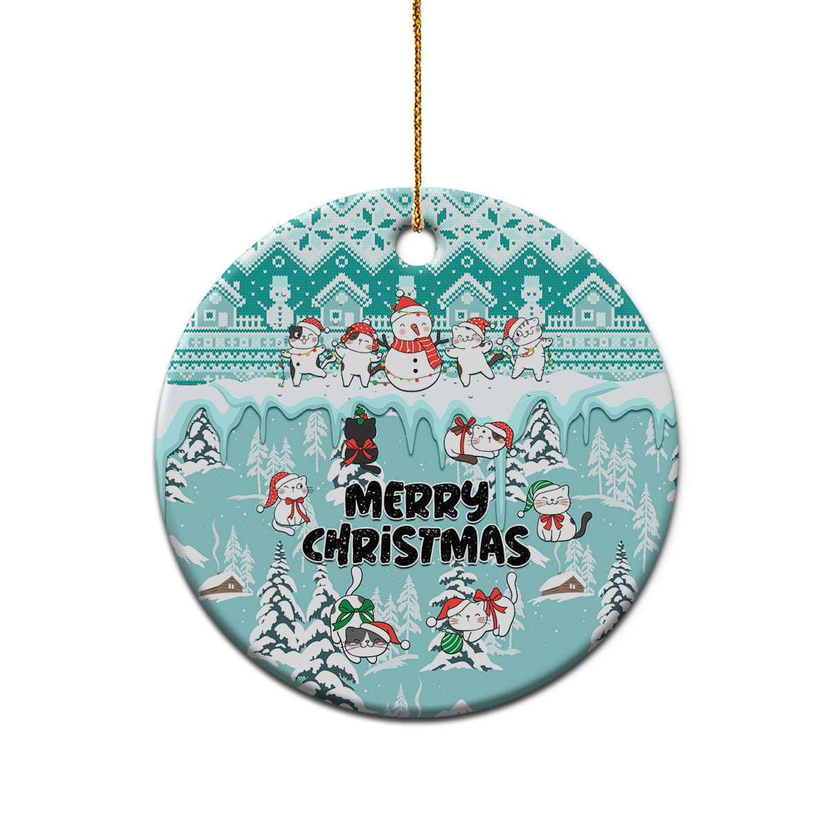 Cat Christmas Ceramic Ornament Cat With Snowman In Winter Scene - Wonder Print Shop