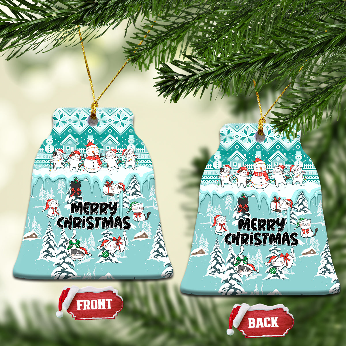 Cat Christmas Ceramic Ornament Cat With Snowman In Winter Scene - Wonder Print Shop