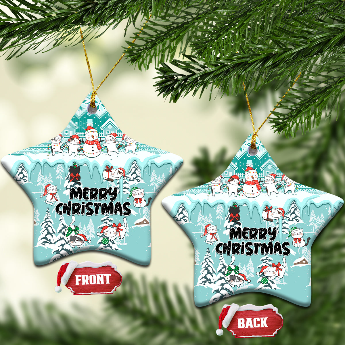 Cat Christmas Ceramic Ornament Cat With Snowman In Winter Scene - Wonder Print Shop