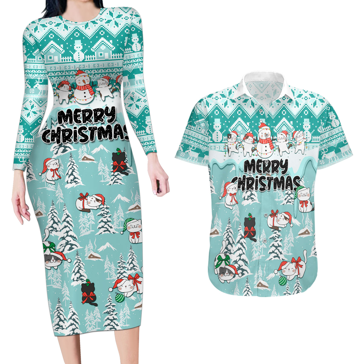 Custom Cat Christmas Couples Matching Long Sleeve Bodycon Dress and Hawaiian Shirt Cat With Snowman In Winter Scene - Wonder Print Shop