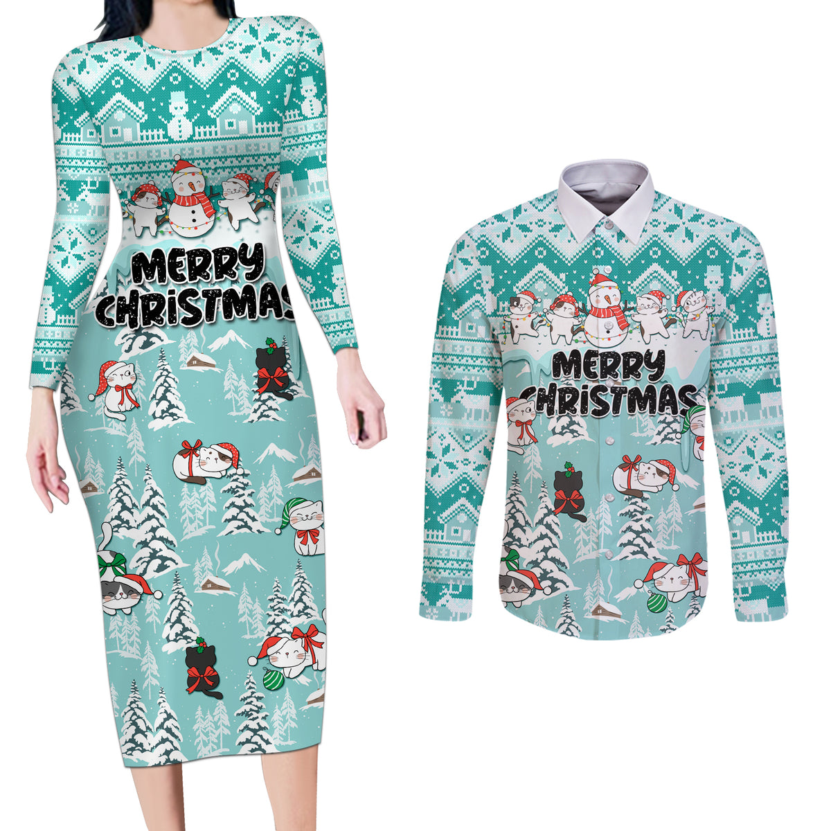Custom Cat Christmas Couples Matching Long Sleeve Bodycon Dress and Long Sleeve Button Shirt Cat With Snowman In Winter Scene - Wonder Print Shop