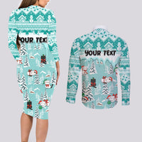 Custom Cat Christmas Couples Matching Long Sleeve Bodycon Dress and Long Sleeve Button Shirt Cat With Snowman In Winter Scene - Wonder Print Shop