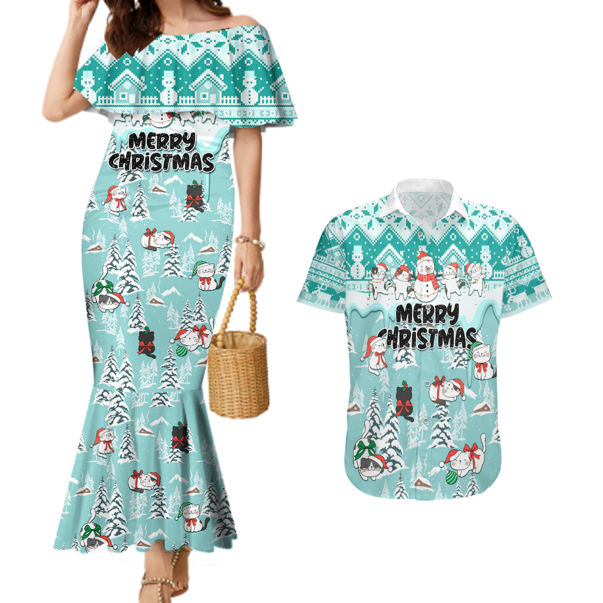 Custom Cat Christmas Couples Matching Mermaid Dress and Hawaiian Shirt Cat With Snowman In Winter Scene - Wonder Print Shop