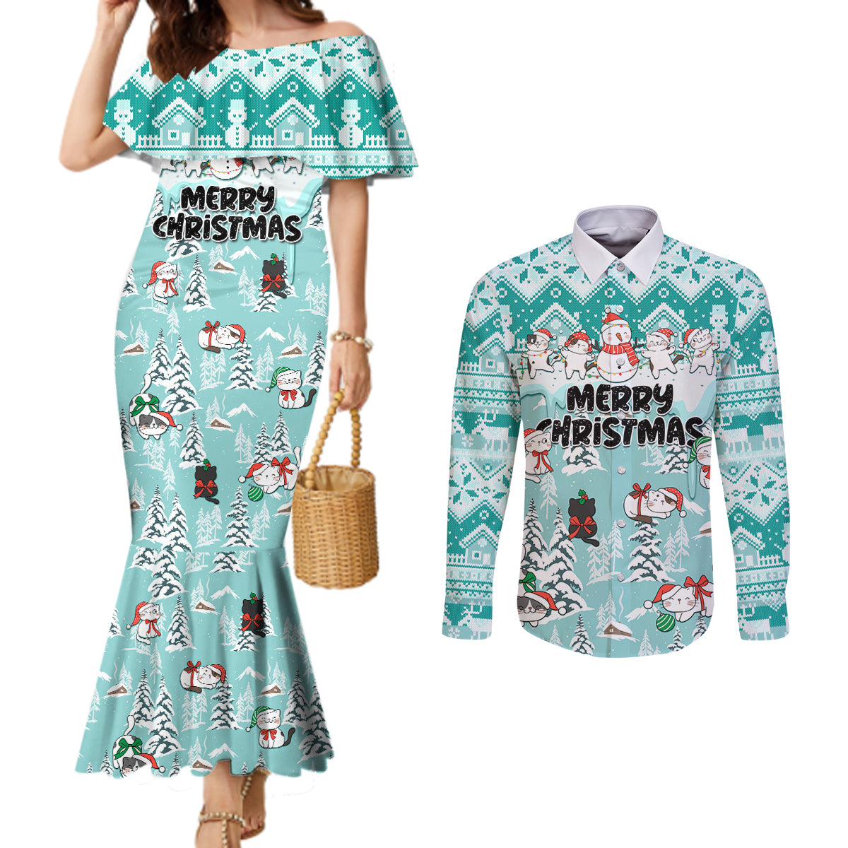 custom-cat-christmas-couples-matching-mermaid-dress-and-long-sleeve-button-shirt-cat-with-snowman-in-winter-scene