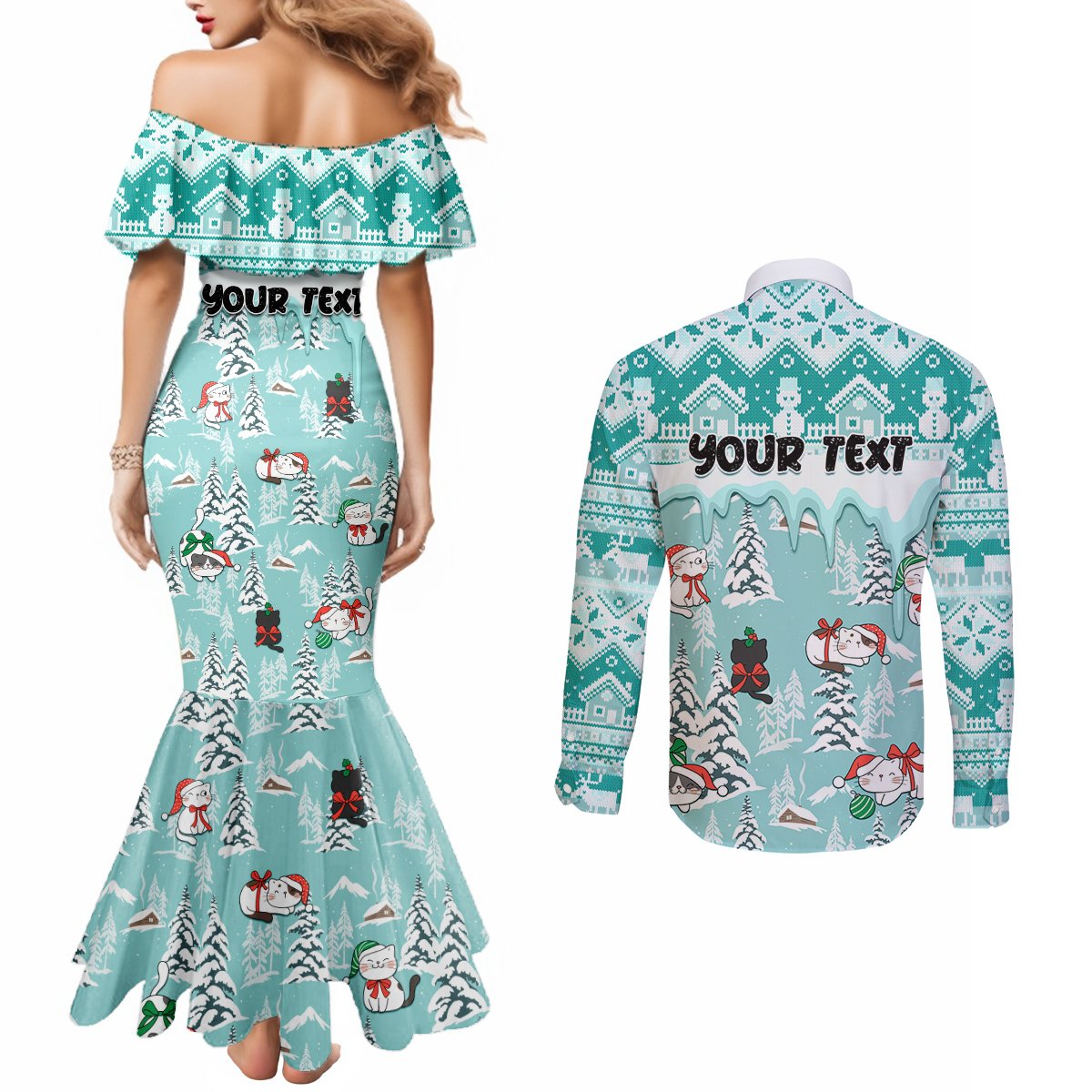 custom-cat-christmas-couples-matching-mermaid-dress-and-long-sleeve-button-shirt-cat-with-snowman-in-winter-scene