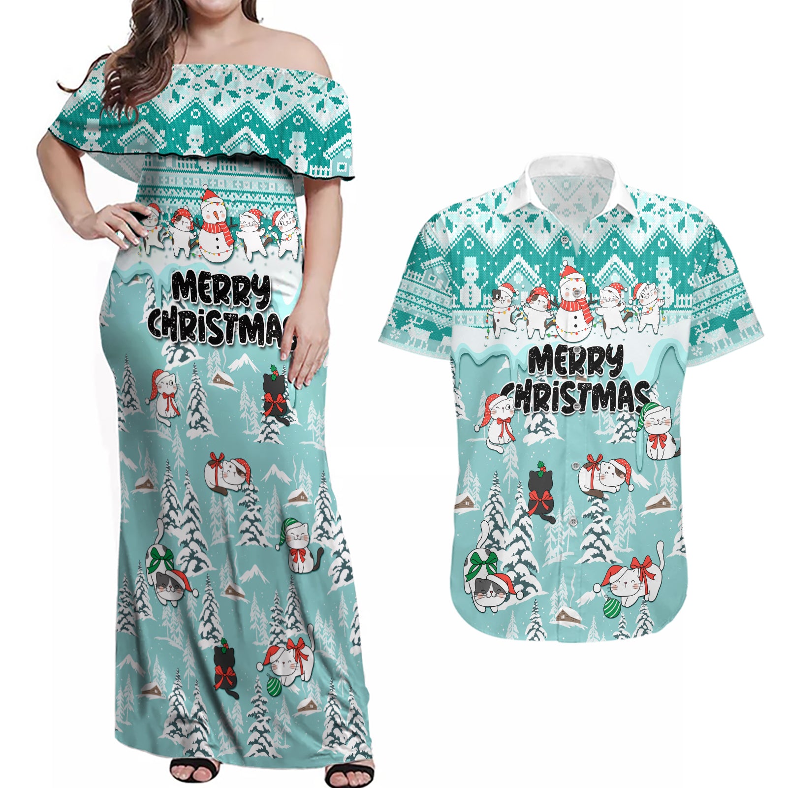 Custom Cat Christmas Couples Matching Off Shoulder Maxi Dress and Hawaiian Shirt Cat With Snowman In Winter Scene - Wonder Print Shop