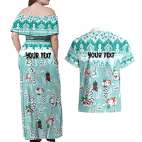 Custom Cat Christmas Couples Matching Off Shoulder Maxi Dress and Hawaiian Shirt Cat With Snowman In Winter Scene - Wonder Print Shop