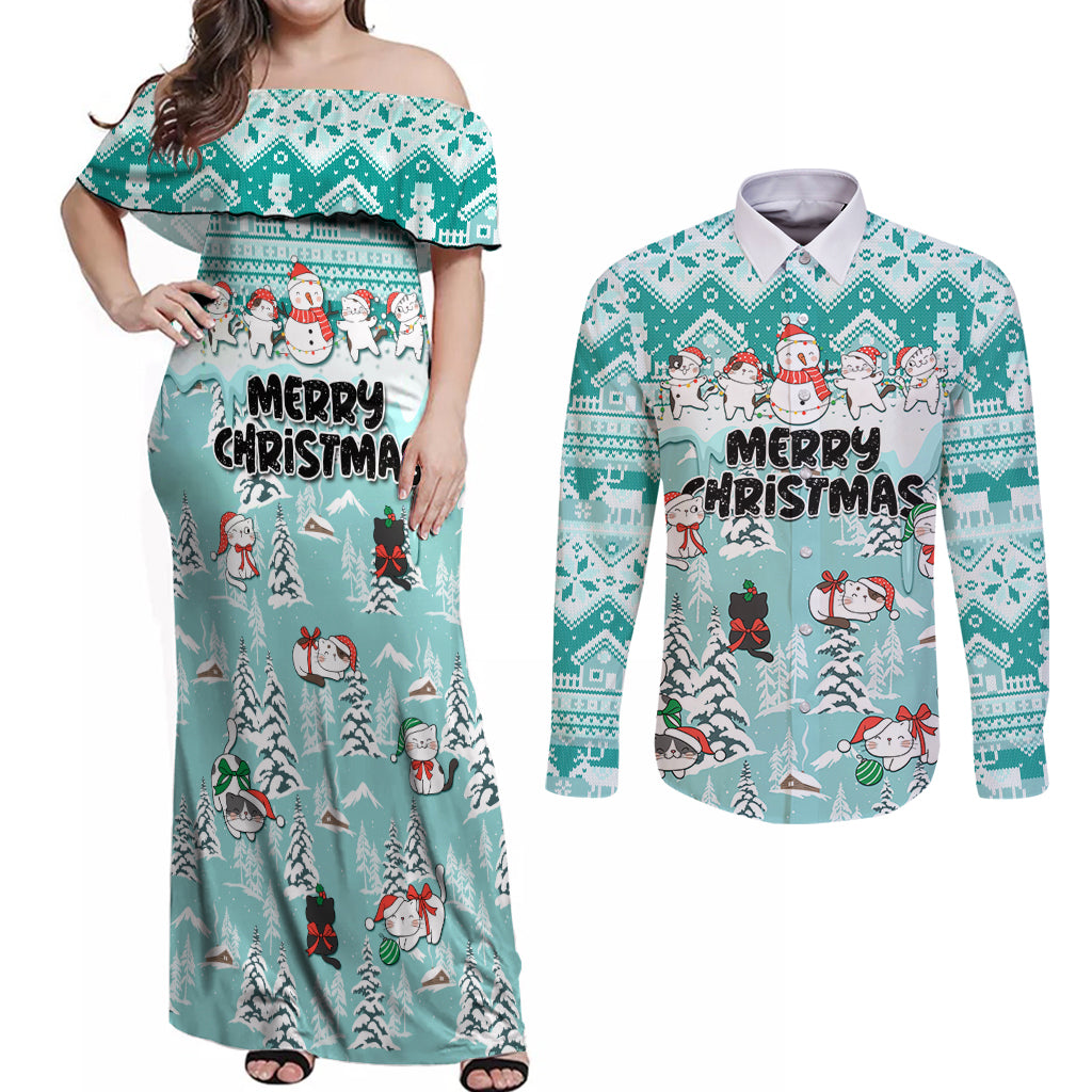 Custom Cat Christmas Couples Matching Off Shoulder Maxi Dress and Long Sleeve Button Shirt Cat With Snowman In Winter Scene - Wonder Print Shop