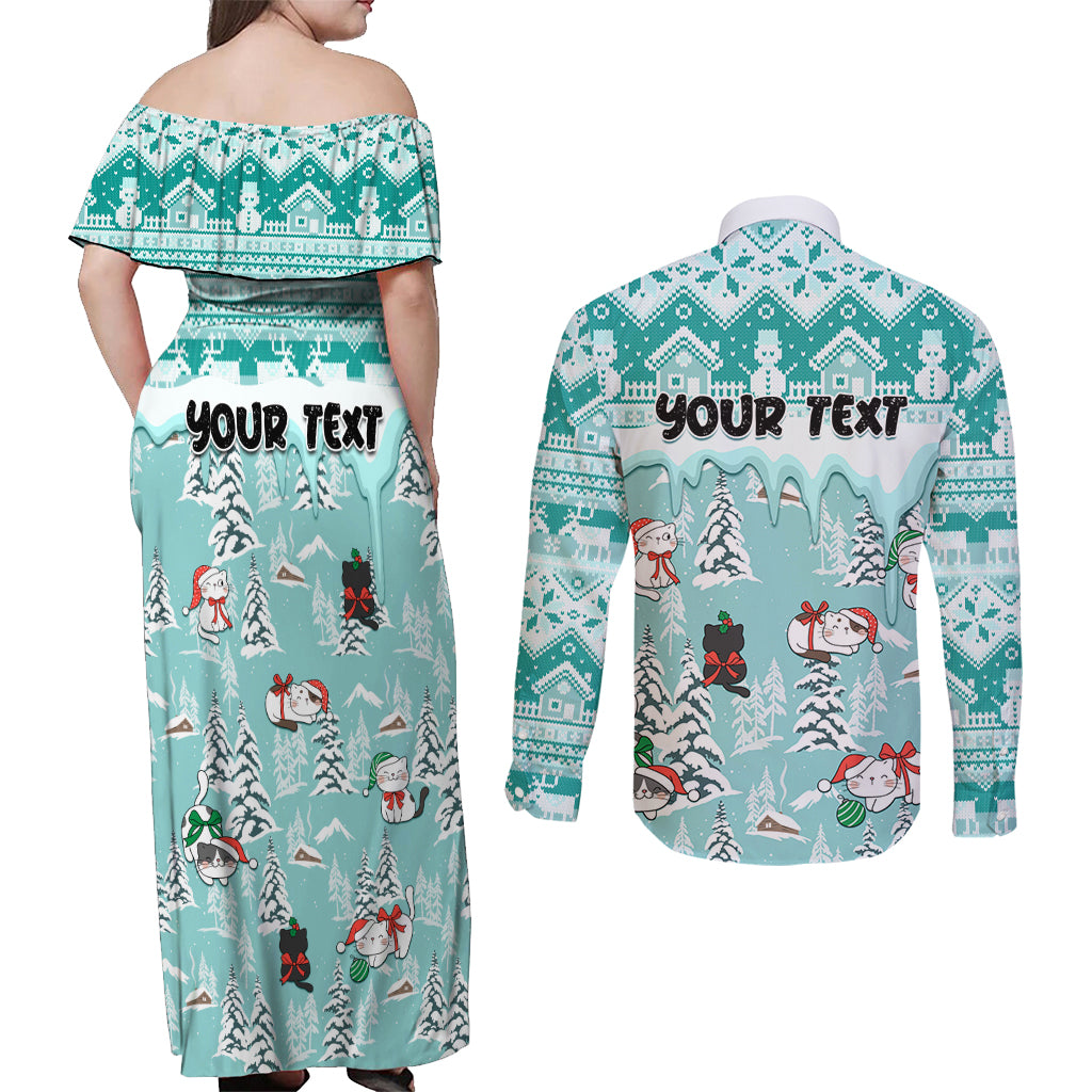 Custom Cat Christmas Couples Matching Off Shoulder Maxi Dress and Long Sleeve Button Shirt Cat With Snowman In Winter Scene - Wonder Print Shop