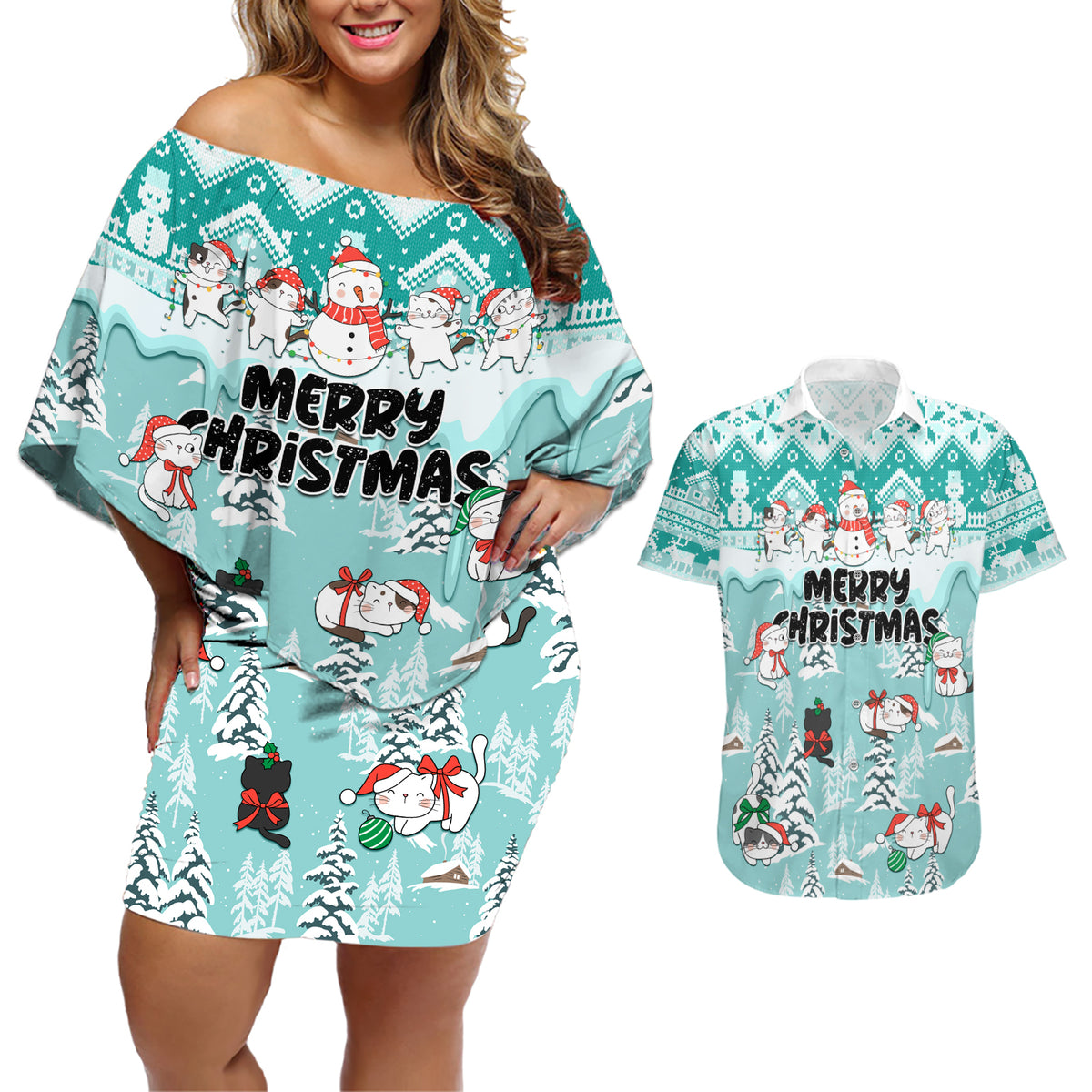 Custom Cat Christmas Couples Matching Off Shoulder Short Dress and Hawaiian Shirt Cat With Snowman In Winter Scene - Wonder Print Shop