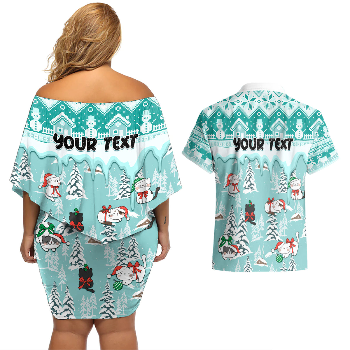 Custom Cat Christmas Couples Matching Off Shoulder Short Dress and Hawaiian Shirt Cat With Snowman In Winter Scene - Wonder Print Shop