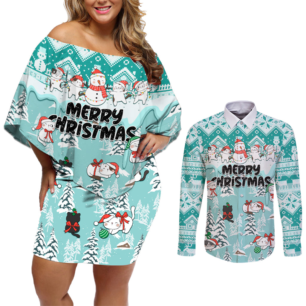 Custom Cat Christmas Couples Matching Off Shoulder Short Dress and Long Sleeve Button Shirt Cat With Snowman In Winter Scene - Wonder Print Shop