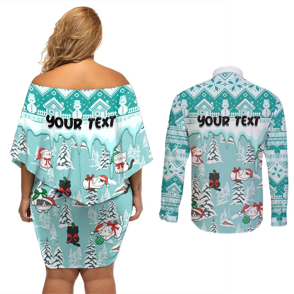 Custom Cat Christmas Couples Matching Off Shoulder Short Dress and Long Sleeve Button Shirt Cat With Snowman In Winter Scene - Wonder Print Shop