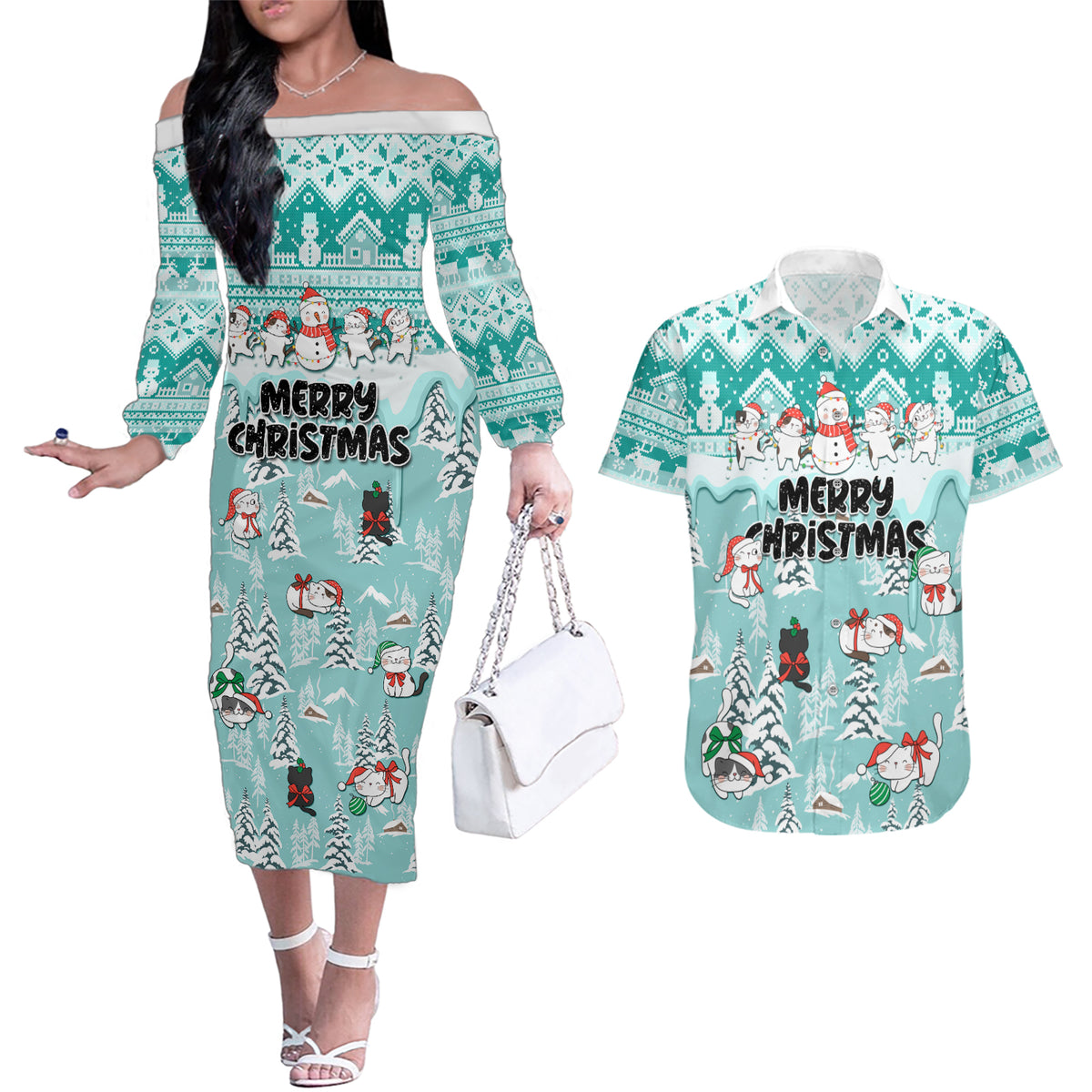 Custom Cat Christmas Couples Matching Off The Shoulder Long Sleeve Dress and Hawaiian Shirt Cat With Snowman In Winter Scene - Wonder Print Shop