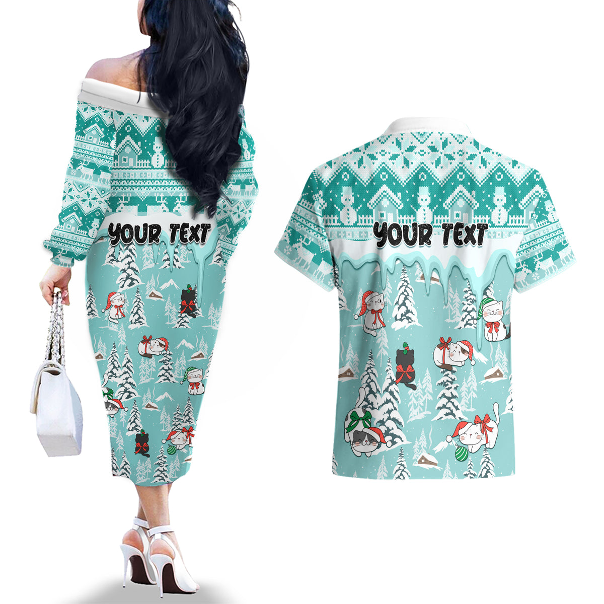 Custom Cat Christmas Couples Matching Off The Shoulder Long Sleeve Dress and Hawaiian Shirt Cat With Snowman In Winter Scene - Wonder Print Shop