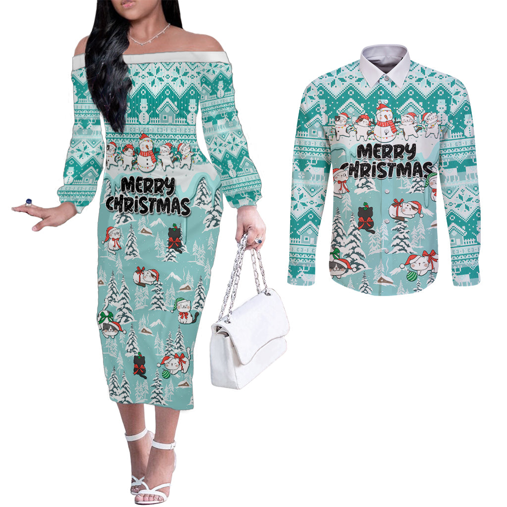 custom-cat-christmas-couples-matching-off-the-shoulder-long-sleeve-dress-and-long-sleeve-button-shirt-cat-with-snowman-in-winter-scene