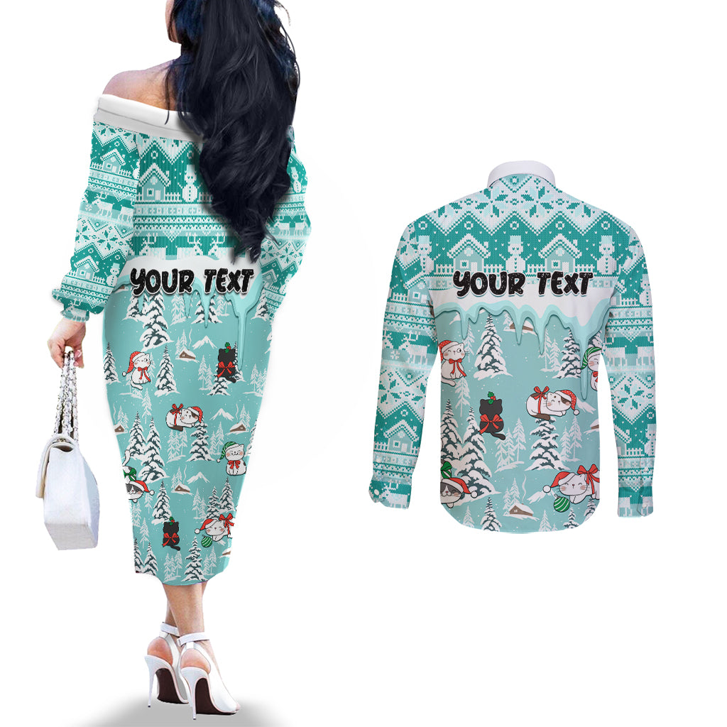 custom-cat-christmas-couples-matching-off-the-shoulder-long-sleeve-dress-and-long-sleeve-button-shirt-cat-with-snowman-in-winter-scene