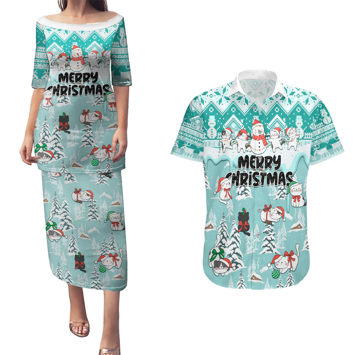 Custom Cat Christmas Couples Matching Puletasi Dress and Hawaiian Shirt Cat With Snowman In Winter Scene - Wonder Print Shop