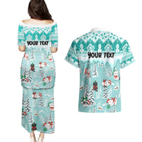 Custom Cat Christmas Couples Matching Puletasi Dress and Hawaiian Shirt Cat With Snowman In Winter Scene - Wonder Print Shop