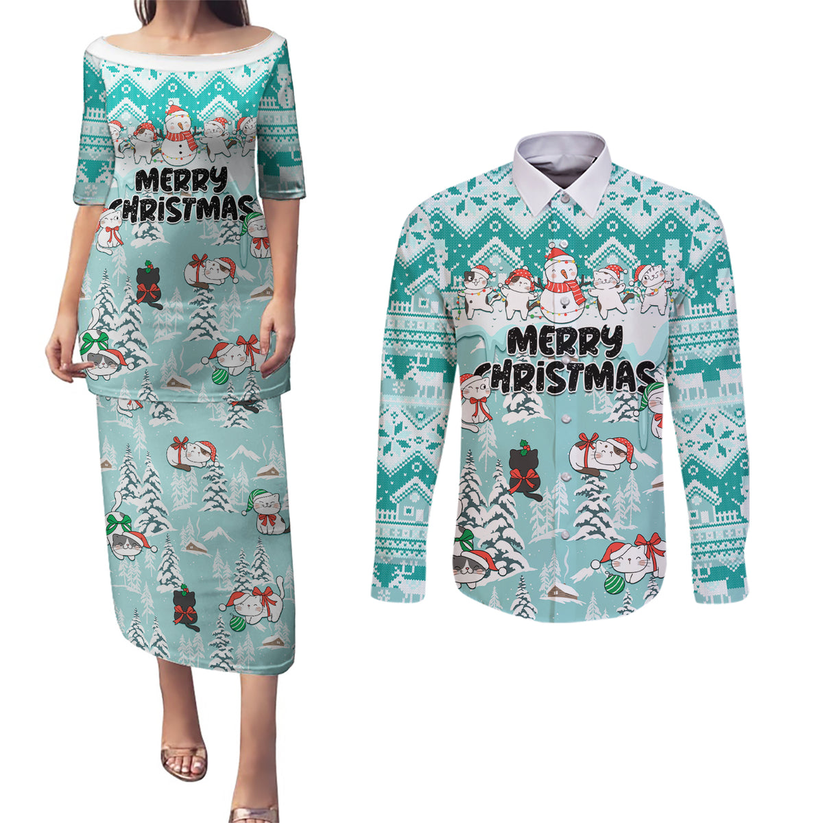 Custom Cat Christmas Couples Matching Puletasi Dress and Long Sleeve Button Shirt Cat With Snowman In Winter Scene - Wonder Print Shop