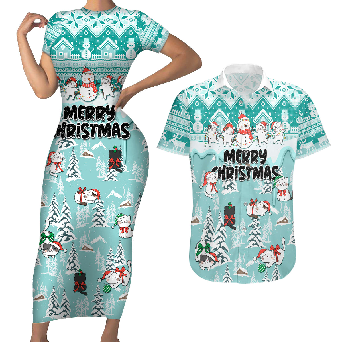 Custom Cat Christmas Couples Matching Short Sleeve Bodycon Dress and Hawaiian Shirt Cat With Snowman In Winter Scene - Wonder Print Shop