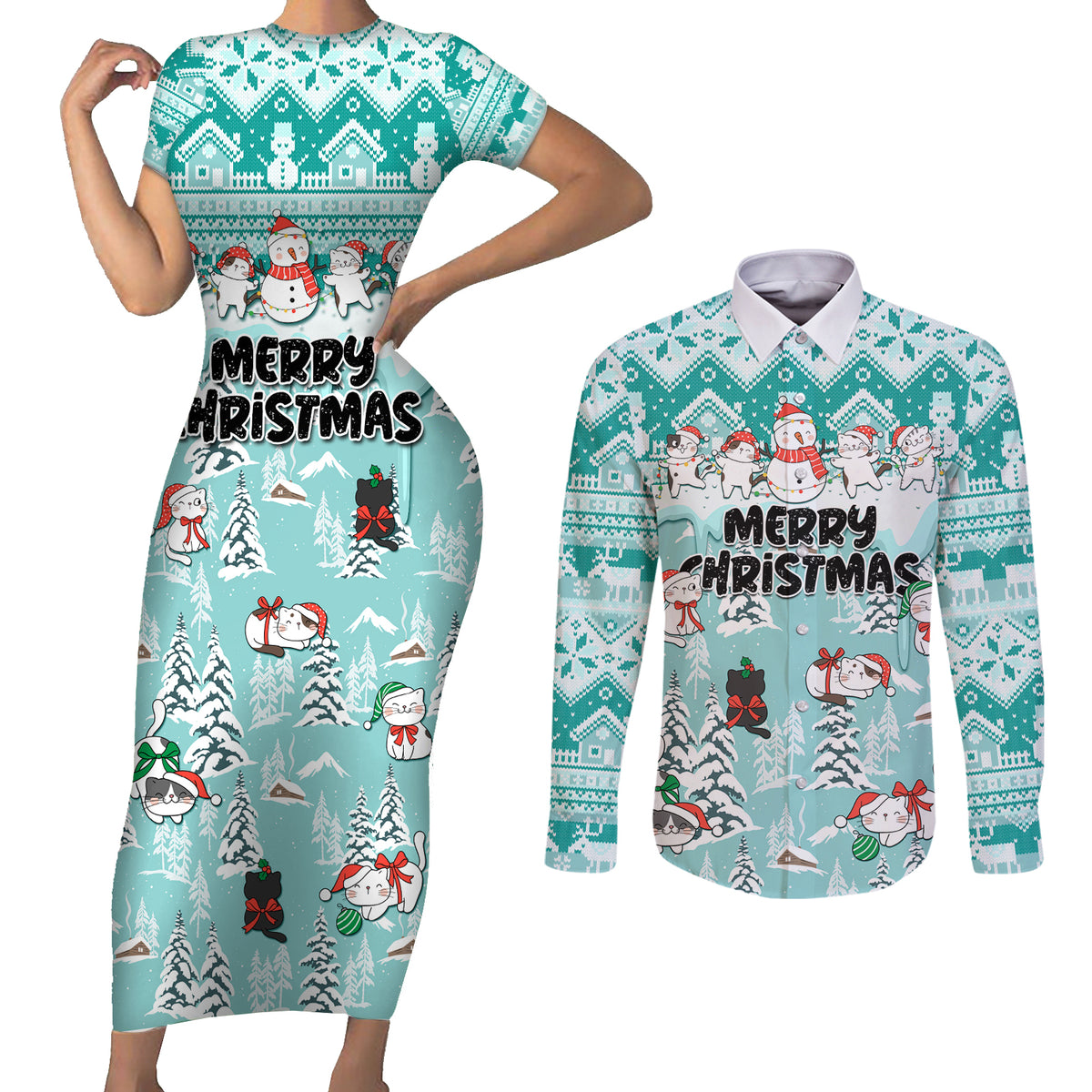 Custom Cat Christmas Couples Matching Short Sleeve Bodycon Dress and Long Sleeve Button Shirt Cat With Snowman In Winter Scene - Wonder Print Shop