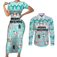 Custom Cat Christmas Couples Matching Short Sleeve Bodycon Dress and Long Sleeve Button Shirt Cat With Snowman In Winter Scene - Wonder Print Shop