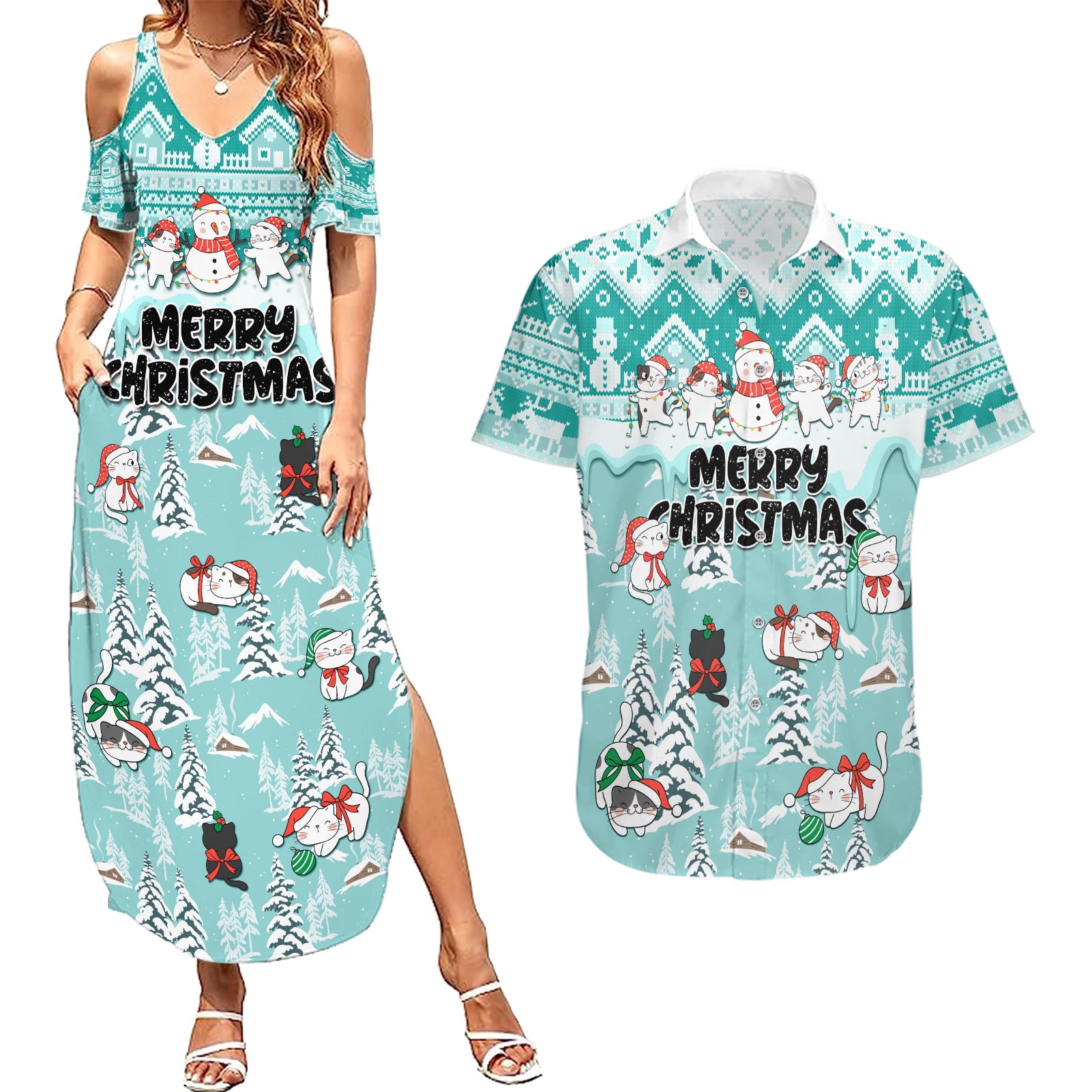 Custom Cat Christmas Couples Matching Summer Maxi Dress and Hawaiian Shirt Cat With Snowman In Winter Scene - Wonder Print Shop