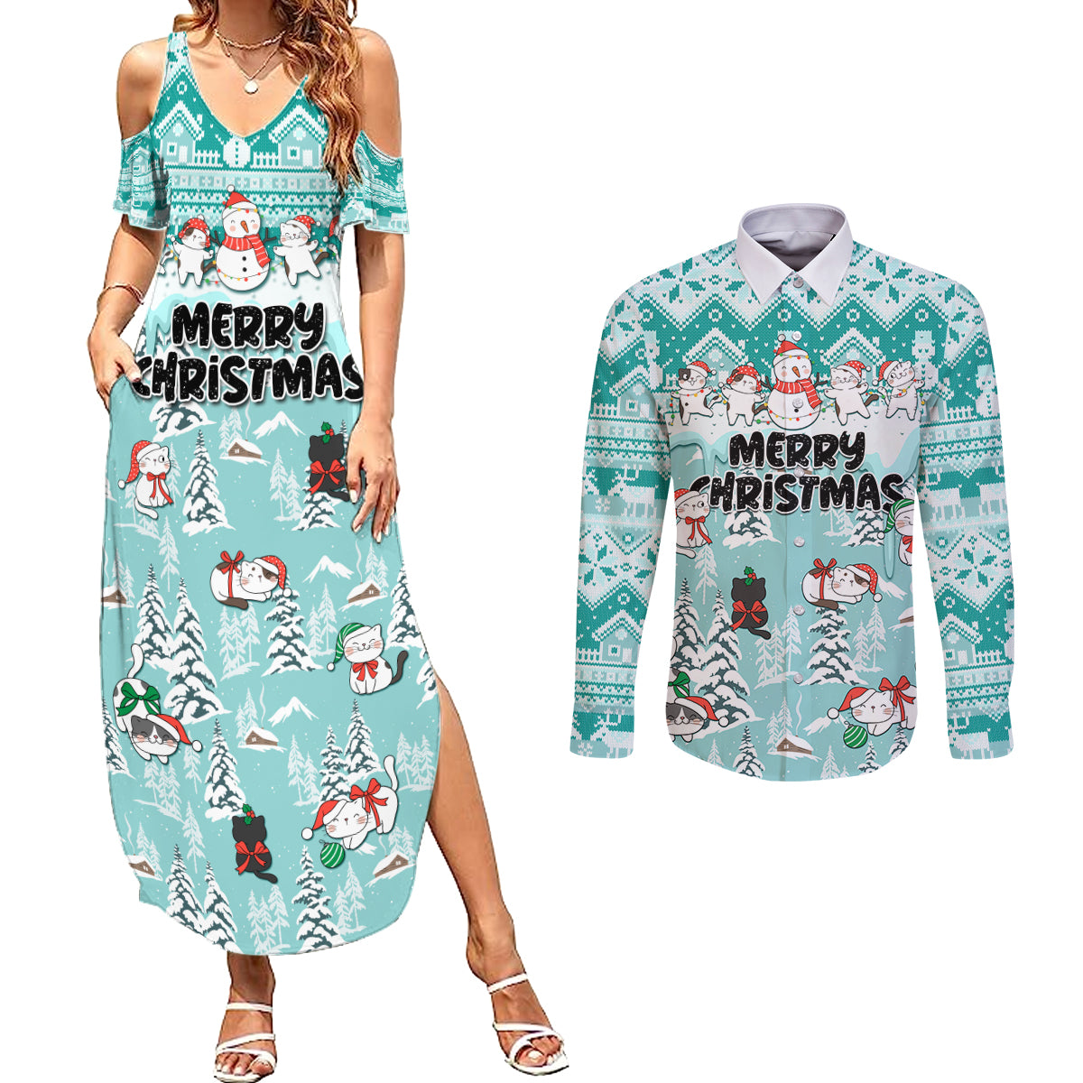 Custom Cat Christmas Couples Matching Summer Maxi Dress and Long Sleeve Button Shirt Cat With Snowman In Winter Scene - Wonder Print Shop