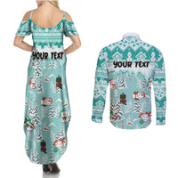Custom Cat Christmas Couples Matching Summer Maxi Dress and Long Sleeve Button Shirt Cat With Snowman In Winter Scene - Wonder Print Shop