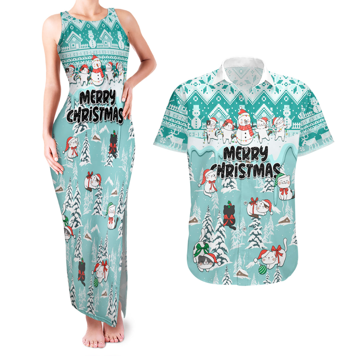 Custom Cat Christmas Couples Matching Tank Maxi Dress and Hawaiian Shirt Cat With Snowman In Winter Scene - Wonder Print Shop