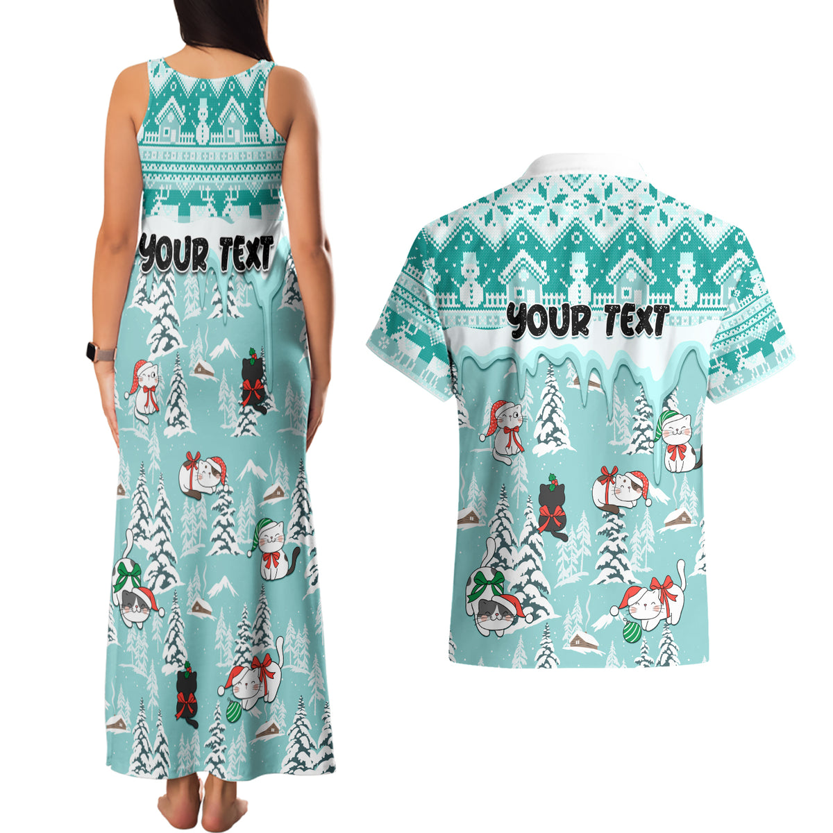 Custom Cat Christmas Couples Matching Tank Maxi Dress and Hawaiian Shirt Cat With Snowman In Winter Scene - Wonder Print Shop