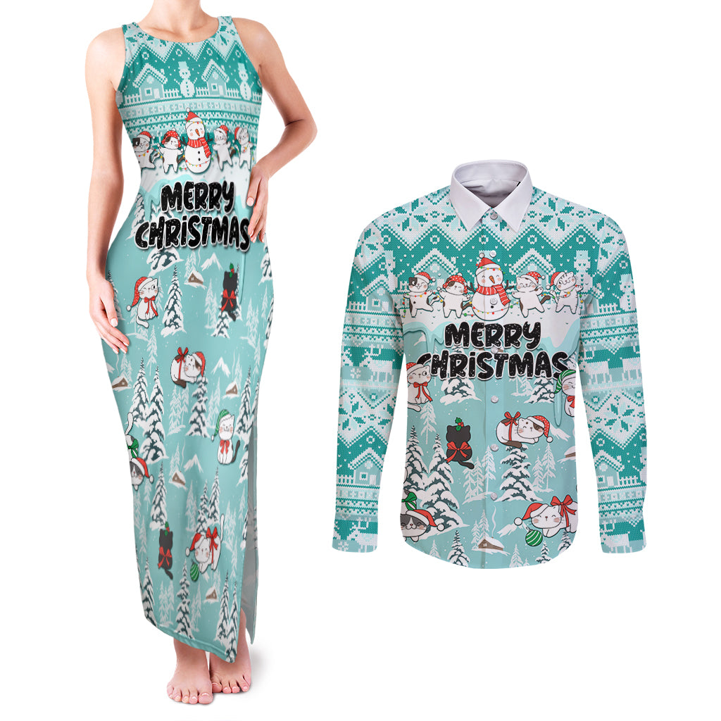 Custom Cat Christmas Couples Matching Tank Maxi Dress and Long Sleeve Button Shirt Cat With Snowman In Winter Scene - Wonder Print Shop