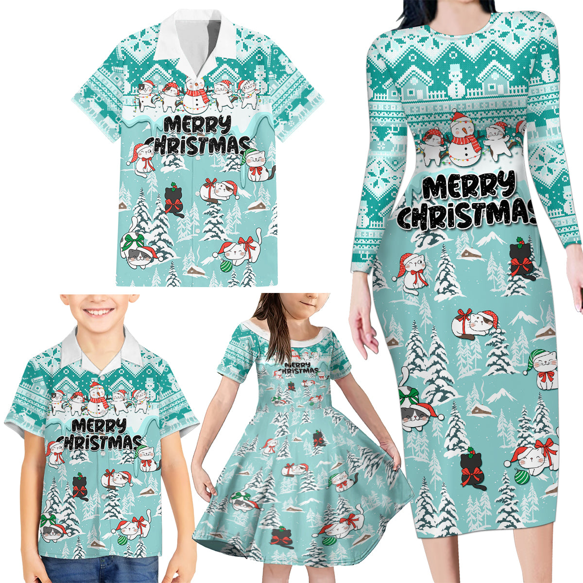 Custom Cat Christmas Family Matching Long Sleeve Bodycon Dress and Hawaiian Shirt Cat With Snowman In Winter Scene - Wonder Print Shop