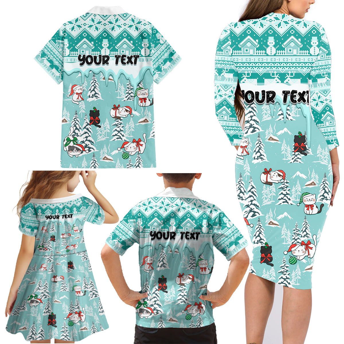 Custom Cat Christmas Family Matching Long Sleeve Bodycon Dress and Hawaiian Shirt Cat With Snowman In Winter Scene - Wonder Print Shop
