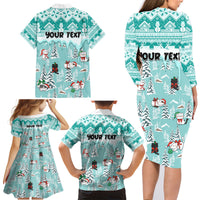 Custom Cat Christmas Family Matching Long Sleeve Bodycon Dress and Hawaiian Shirt Cat With Snowman In Winter Scene - Wonder Print Shop