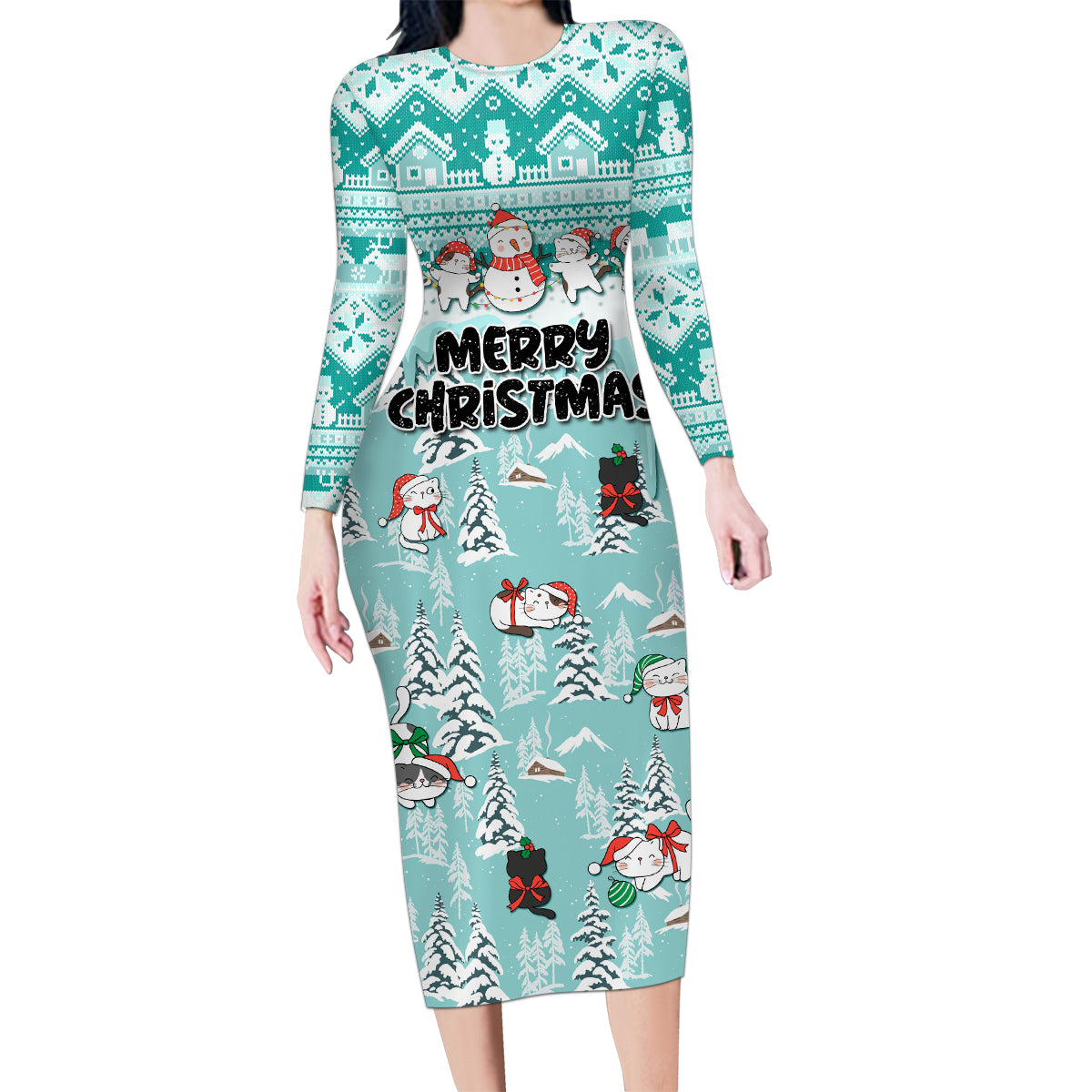 Custom Cat Christmas Family Matching Long Sleeve Bodycon Dress and Hawaiian Shirt Cat With Snowman In Winter Scene - Wonder Print Shop