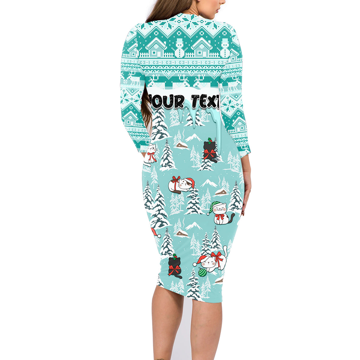 Custom Cat Christmas Family Matching Long Sleeve Bodycon Dress and Hawaiian Shirt Cat With Snowman In Winter Scene - Wonder Print Shop
