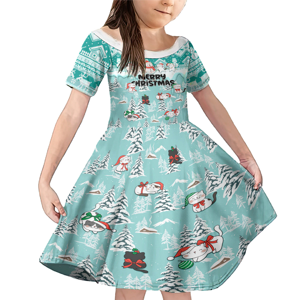 Custom Cat Christmas Family Matching Mermaid Dress and Hawaiian Shirt Cat With Snowman In Winter Scene - Wonder Print Shop