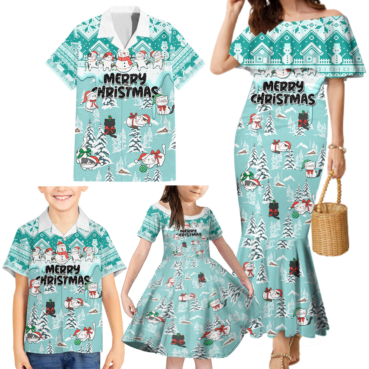 Custom Cat Christmas Family Matching Mermaid Dress and Hawaiian Shirt Cat With Snowman In Winter Scene - Wonder Print Shop