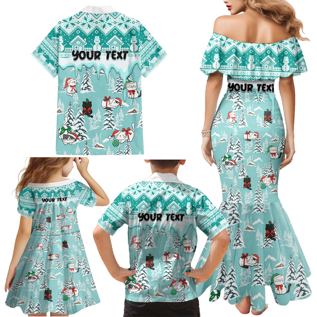 Custom Cat Christmas Family Matching Mermaid Dress and Hawaiian Shirt Cat With Snowman In Winter Scene - Wonder Print Shop