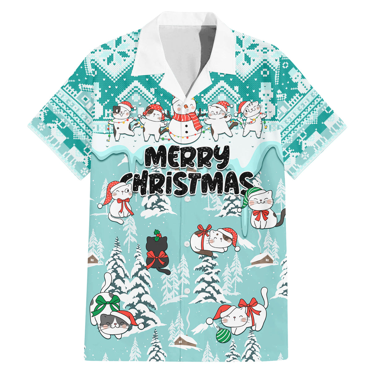 Custom Cat Christmas Family Matching Mermaid Dress and Hawaiian Shirt Cat With Snowman In Winter Scene - Wonder Print Shop