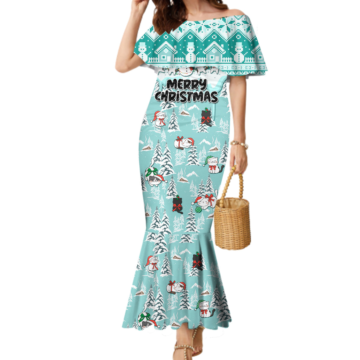 Custom Cat Christmas Family Matching Mermaid Dress and Hawaiian Shirt Cat With Snowman In Winter Scene - Wonder Print Shop