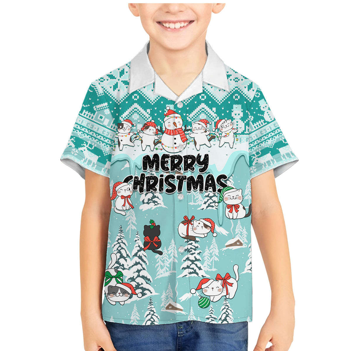 Custom Cat Christmas Family Matching Mermaid Dress and Hawaiian Shirt Cat With Snowman In Winter Scene - Wonder Print Shop