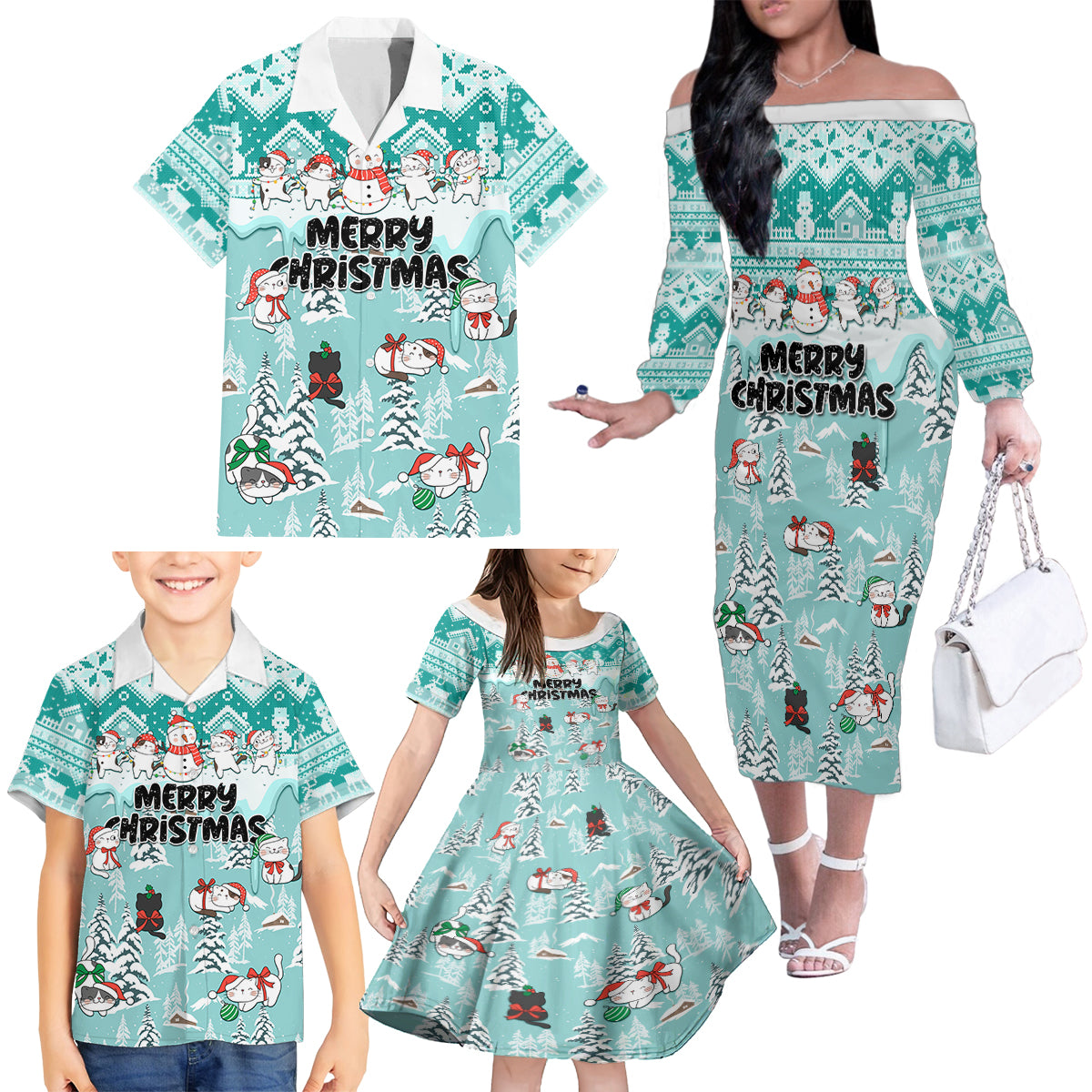 Custom Cat Christmas Family Matching Off Shoulder Long Sleeve Dress and Hawaiian Shirt Cat With Snowman In Winter Scene - Wonder Print Shop